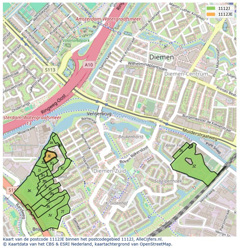 Afbeelding van het postcodegebied 1112 JE op de kaart.