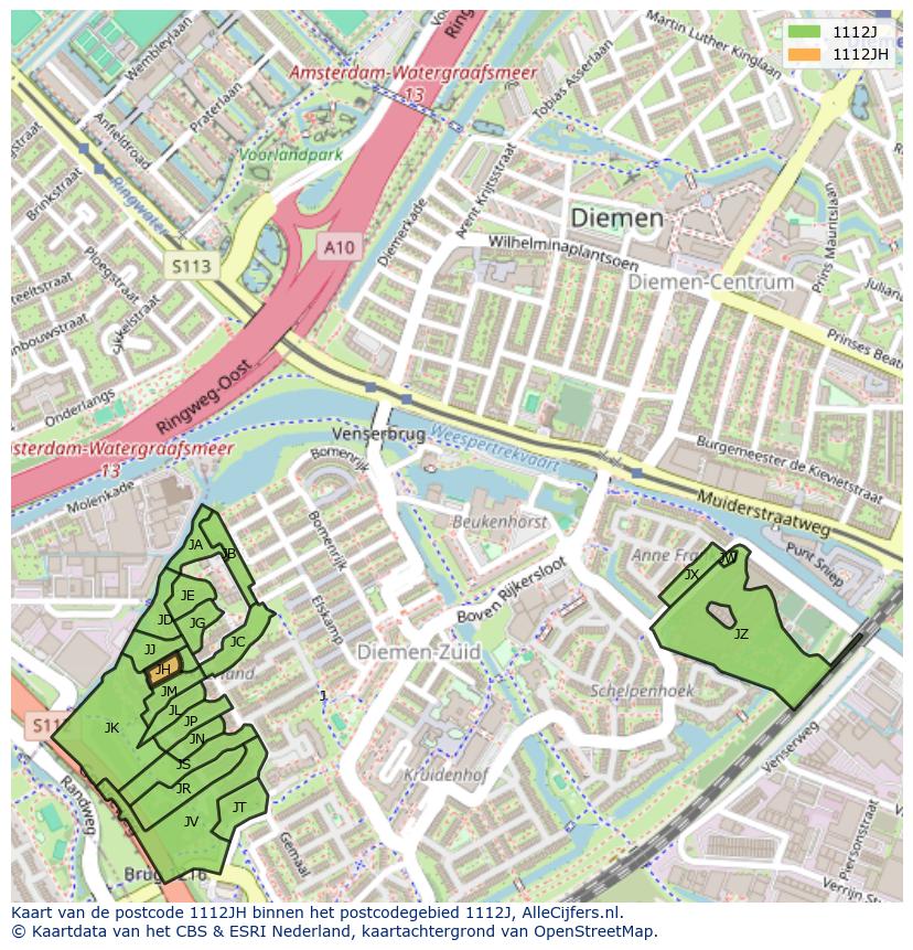 Afbeelding van het postcodegebied 1112 JH op de kaart.