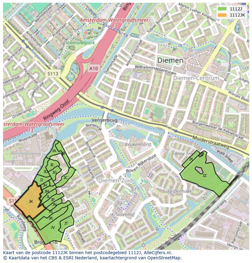 Afbeelding van het postcodegebied 1112 JK op de kaart.