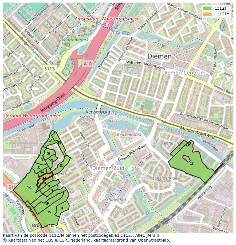 Afbeelding van het postcodegebied 1112 JM op de kaart.