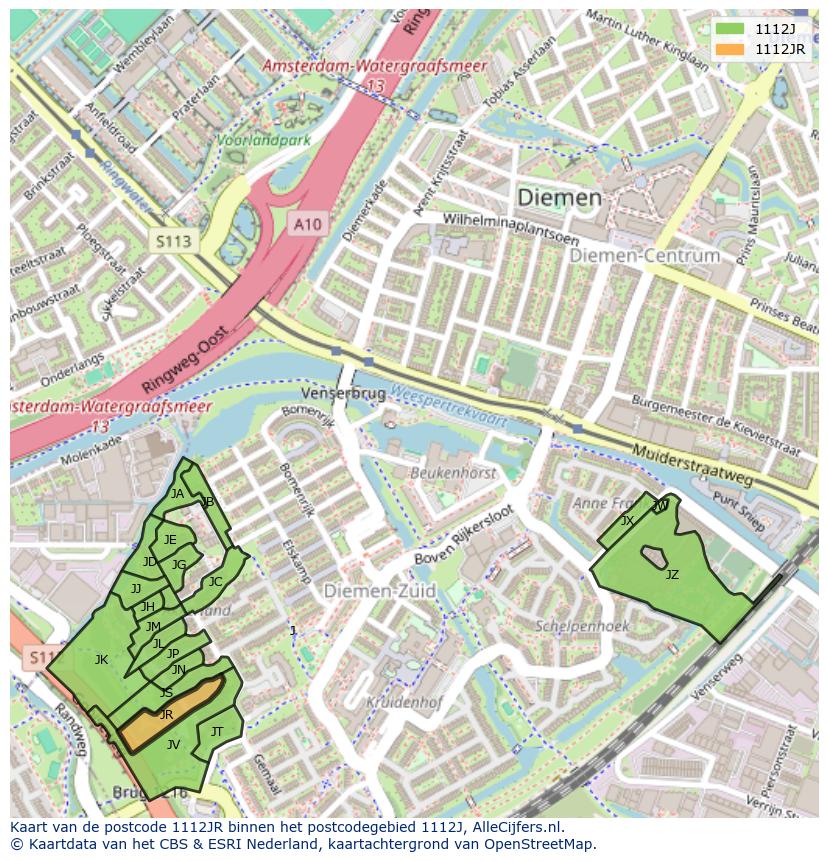 Afbeelding van het postcodegebied 1112 JR op de kaart.