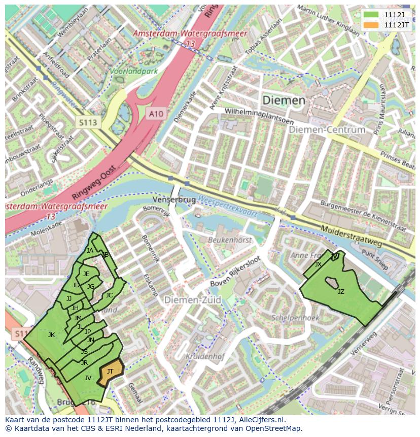 Afbeelding van het postcodegebied 1112 JT op de kaart.