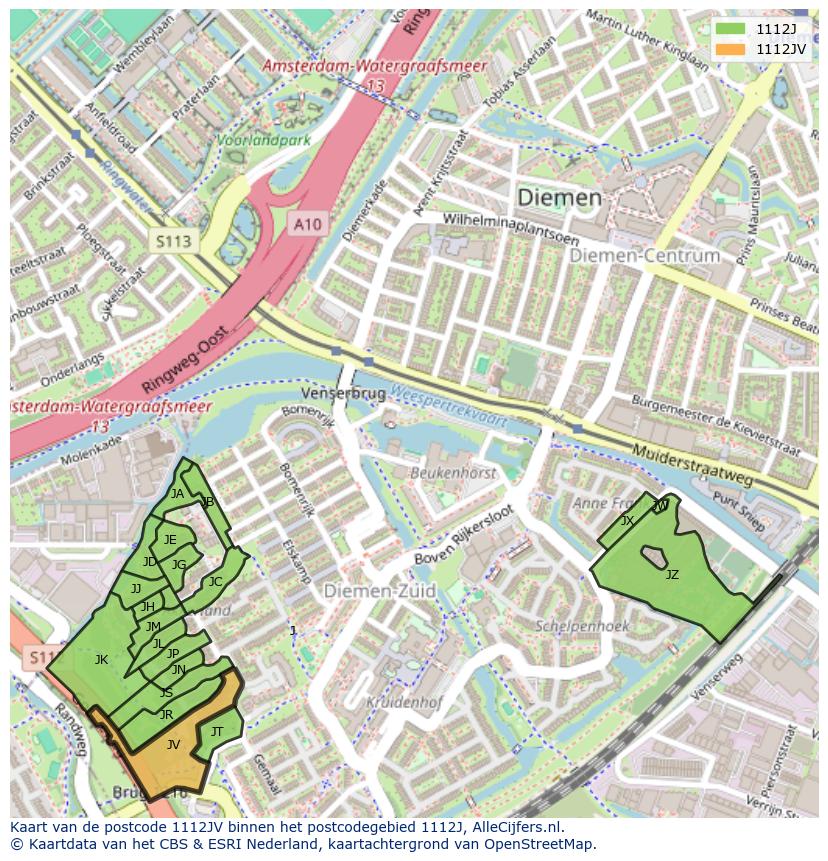 Afbeelding van het postcodegebied 1112 JV op de kaart.