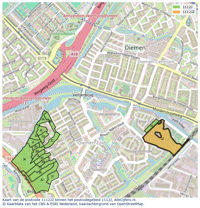 Afbeelding van het postcodegebied 1112 JZ op de kaart.