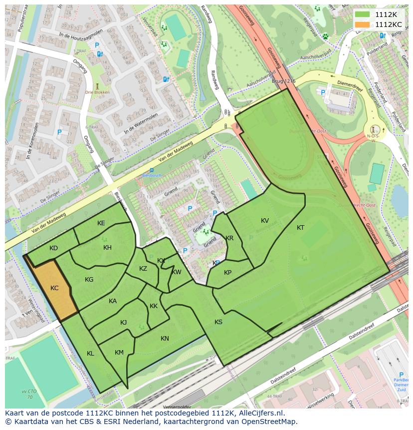 Afbeelding van het postcodegebied 1112 KC op de kaart.