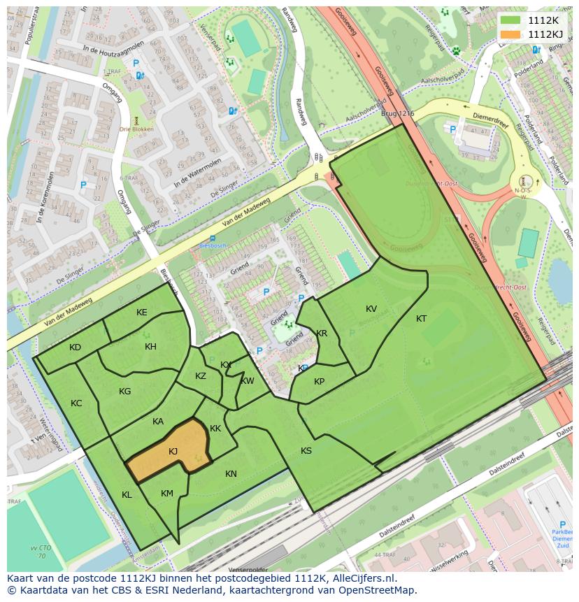 Afbeelding van het postcodegebied 1112 KJ op de kaart.