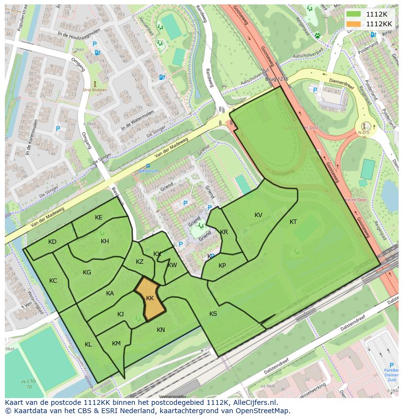 Afbeelding van het postcodegebied 1112 KK op de kaart.