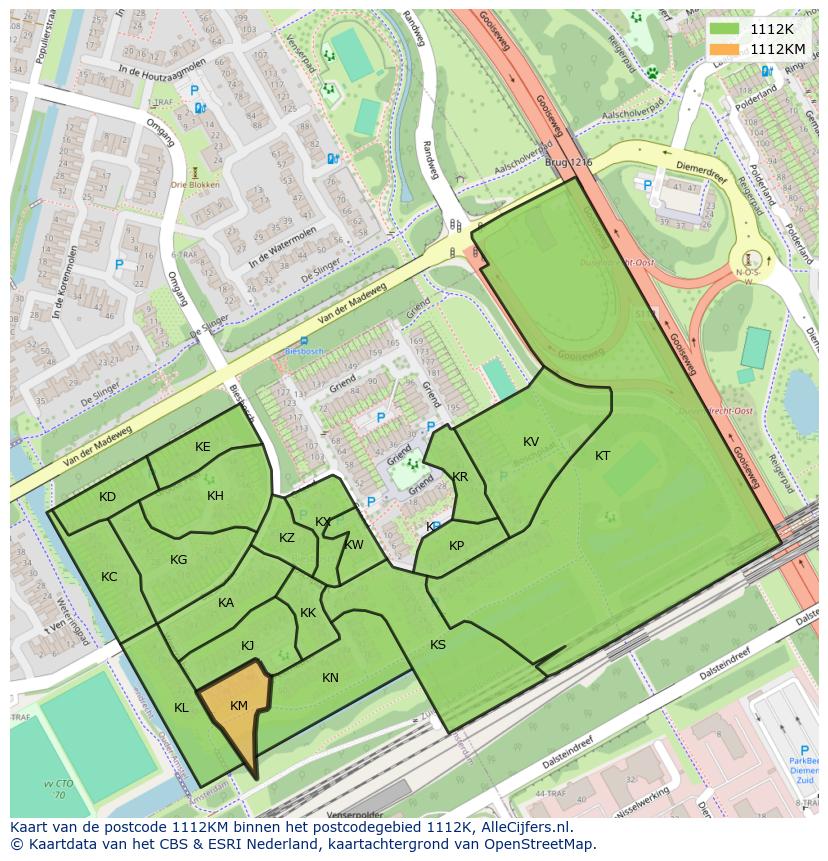 Afbeelding van het postcodegebied 1112 KM op de kaart.