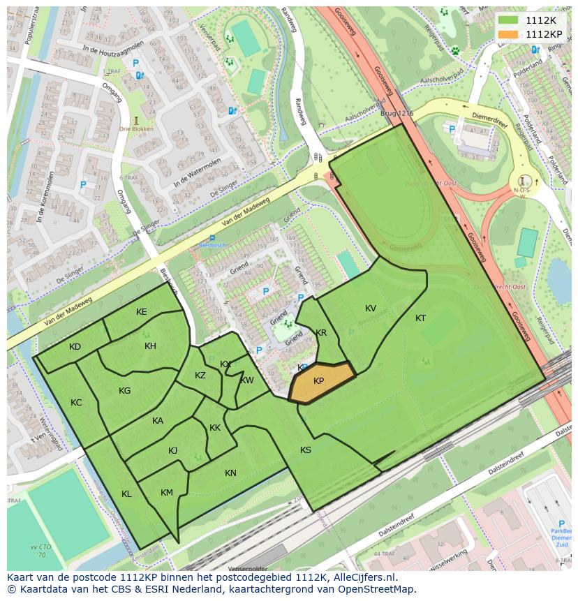 Afbeelding van het postcodegebied 1112 KP op de kaart.