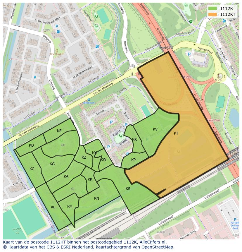 Afbeelding van het postcodegebied 1112 KT op de kaart.