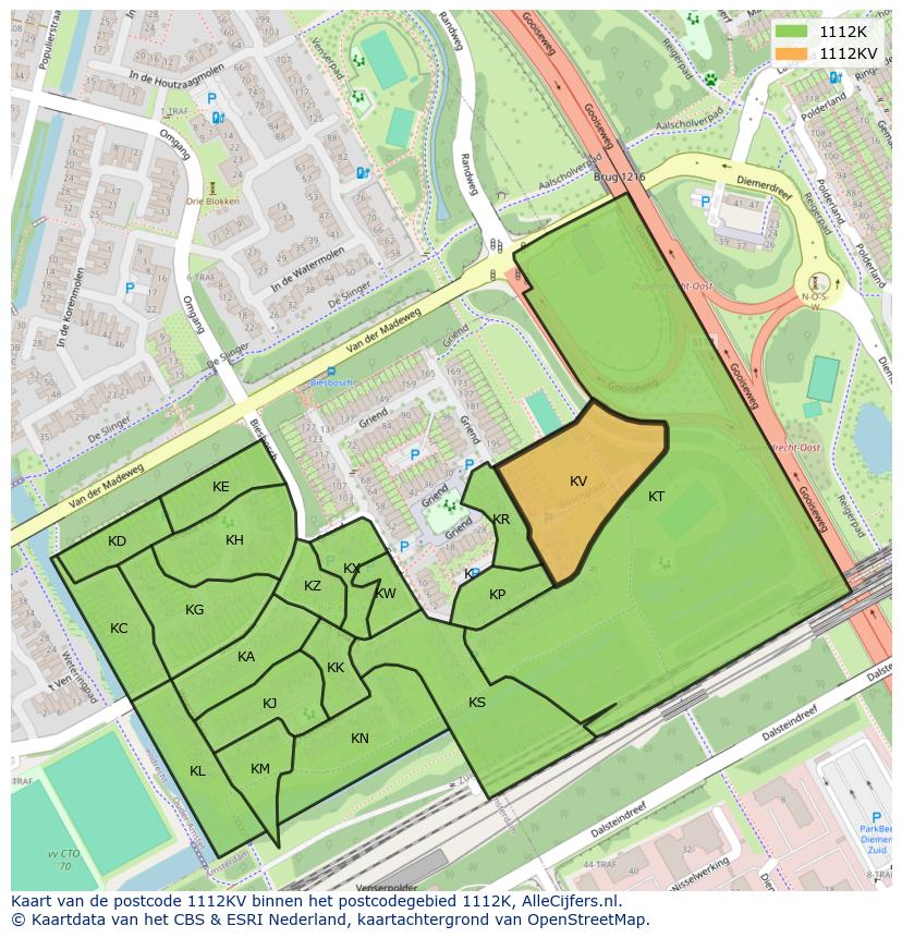 Afbeelding van het postcodegebied 1112 KV op de kaart.