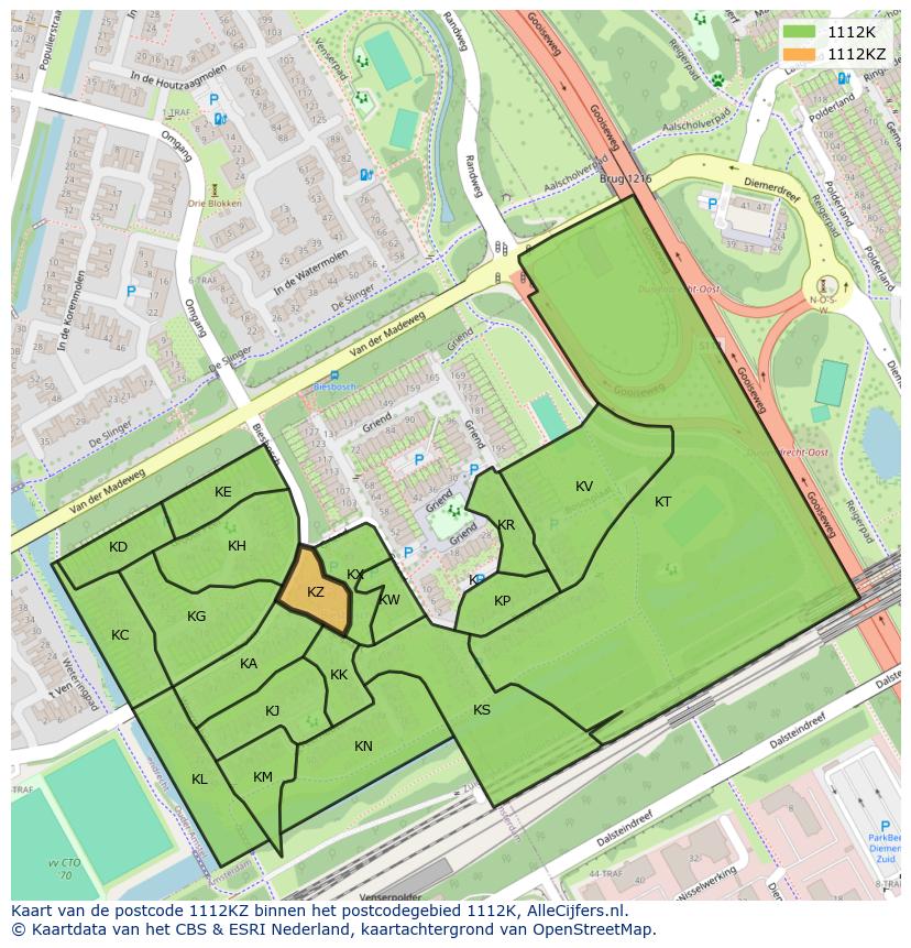 Afbeelding van het postcodegebied 1112 KZ op de kaart.