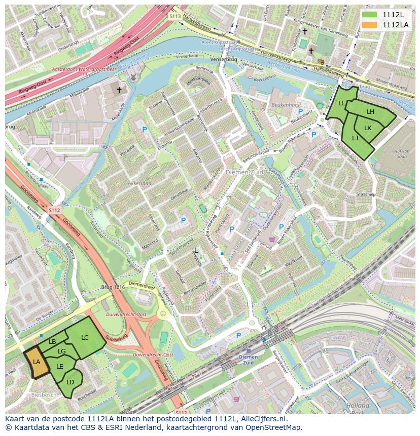 Afbeelding van het postcodegebied 1112 LA op de kaart.