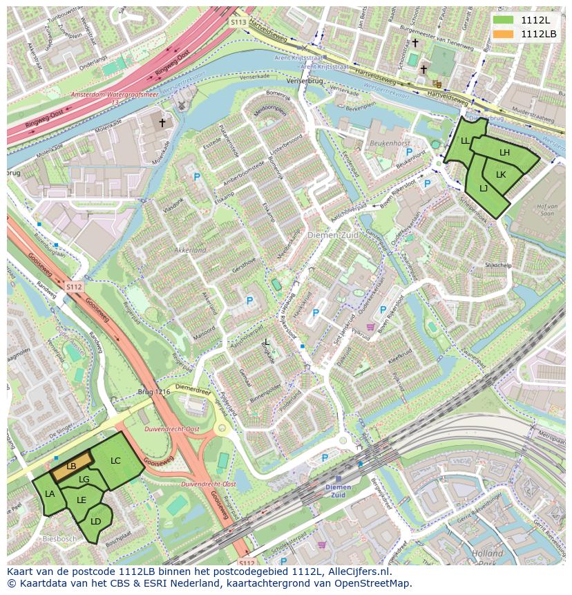 Afbeelding van het postcodegebied 1112 LB op de kaart.