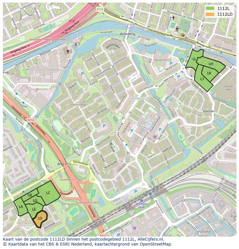 Afbeelding van het postcodegebied 1112 LD op de kaart.