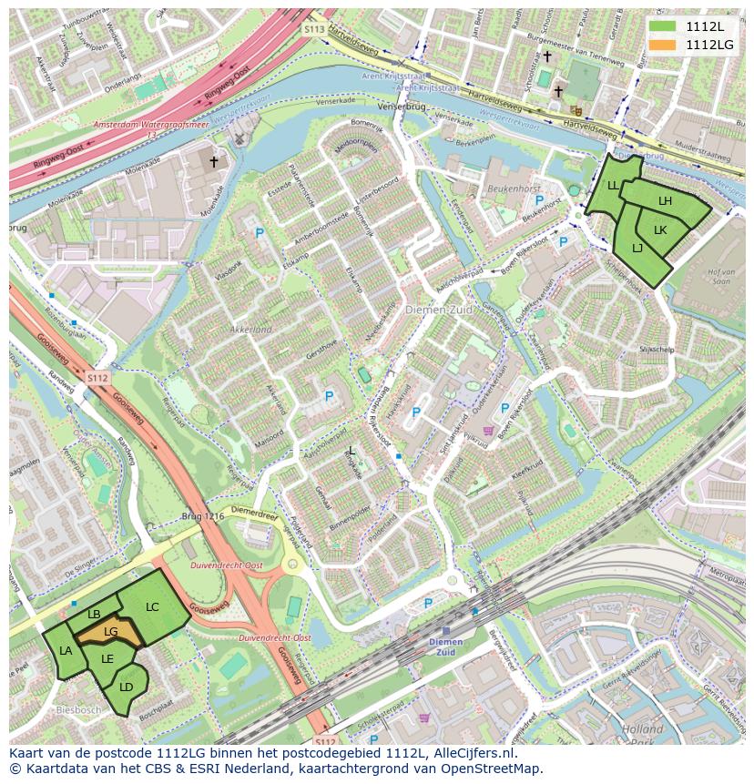 Afbeelding van het postcodegebied 1112 LG op de kaart.