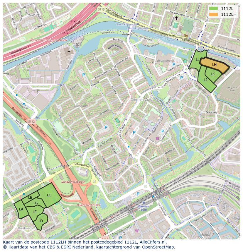 Afbeelding van het postcodegebied 1112 LH op de kaart.