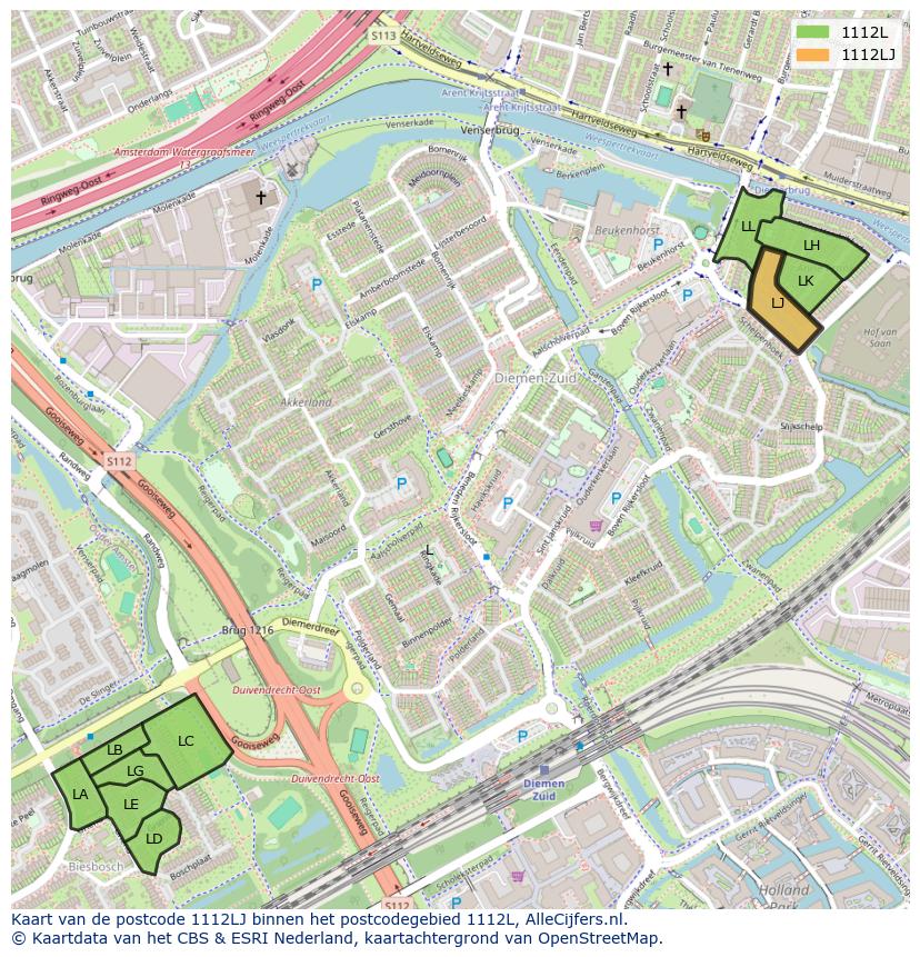 Afbeelding van het postcodegebied 1112 LJ op de kaart.