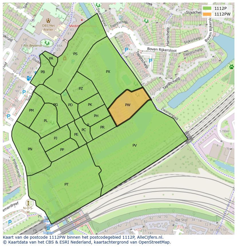 Afbeelding van het postcodegebied 1112 PW op de kaart.