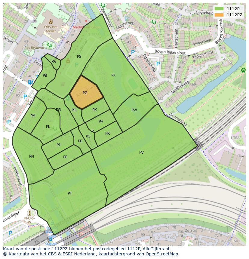 Afbeelding van het postcodegebied 1112 PZ op de kaart.