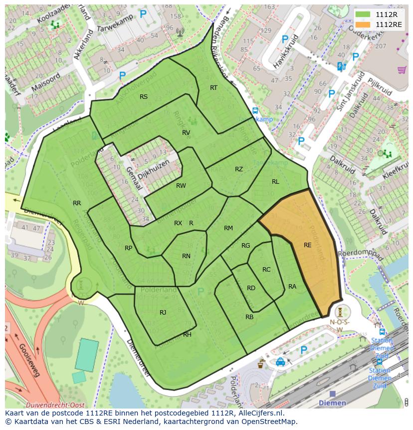 Afbeelding van het postcodegebied 1112 RE op de kaart.