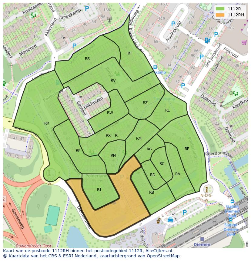 Afbeelding van het postcodegebied 1112 RH op de kaart.