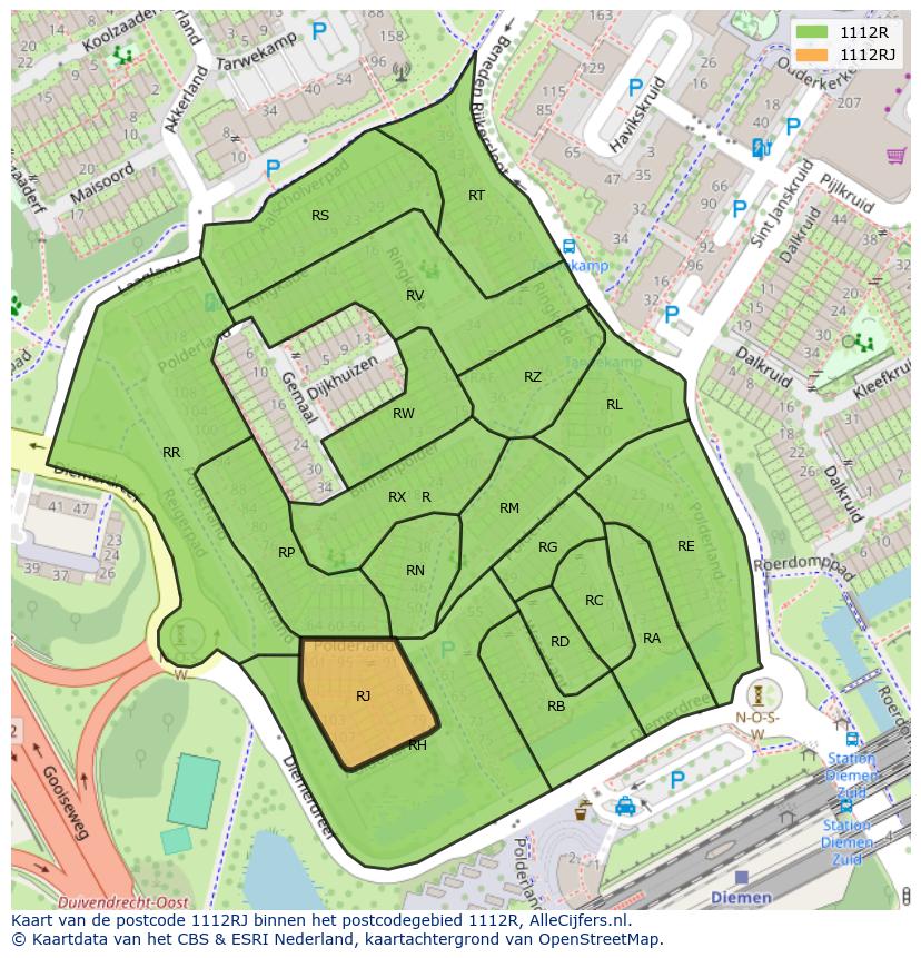 Afbeelding van het postcodegebied 1112 RJ op de kaart.