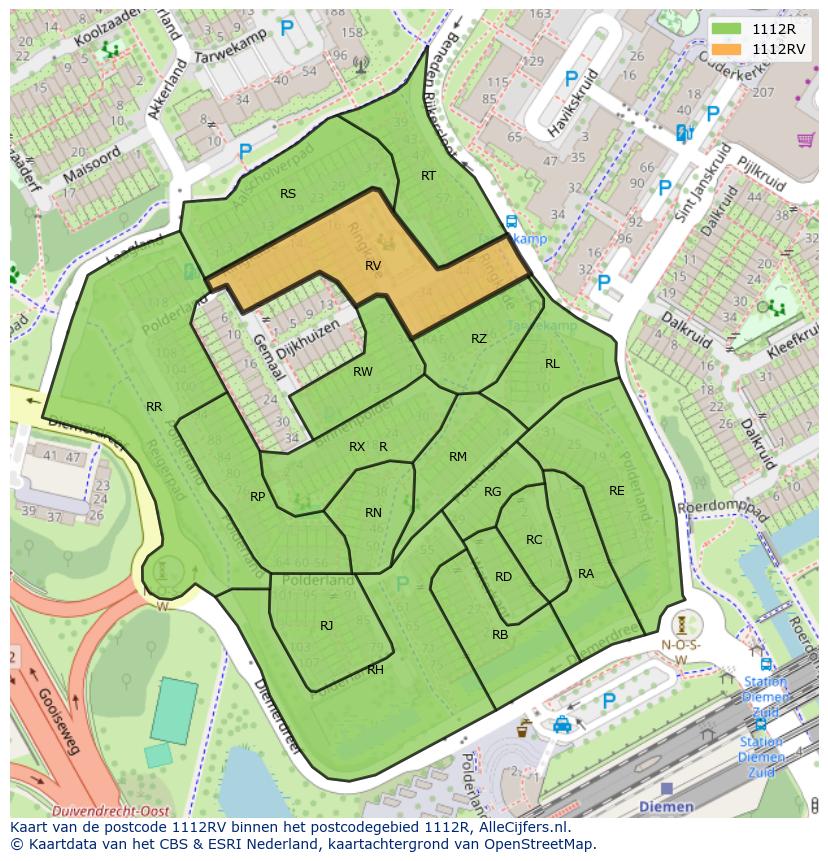 Afbeelding van het postcodegebied 1112 RV op de kaart.