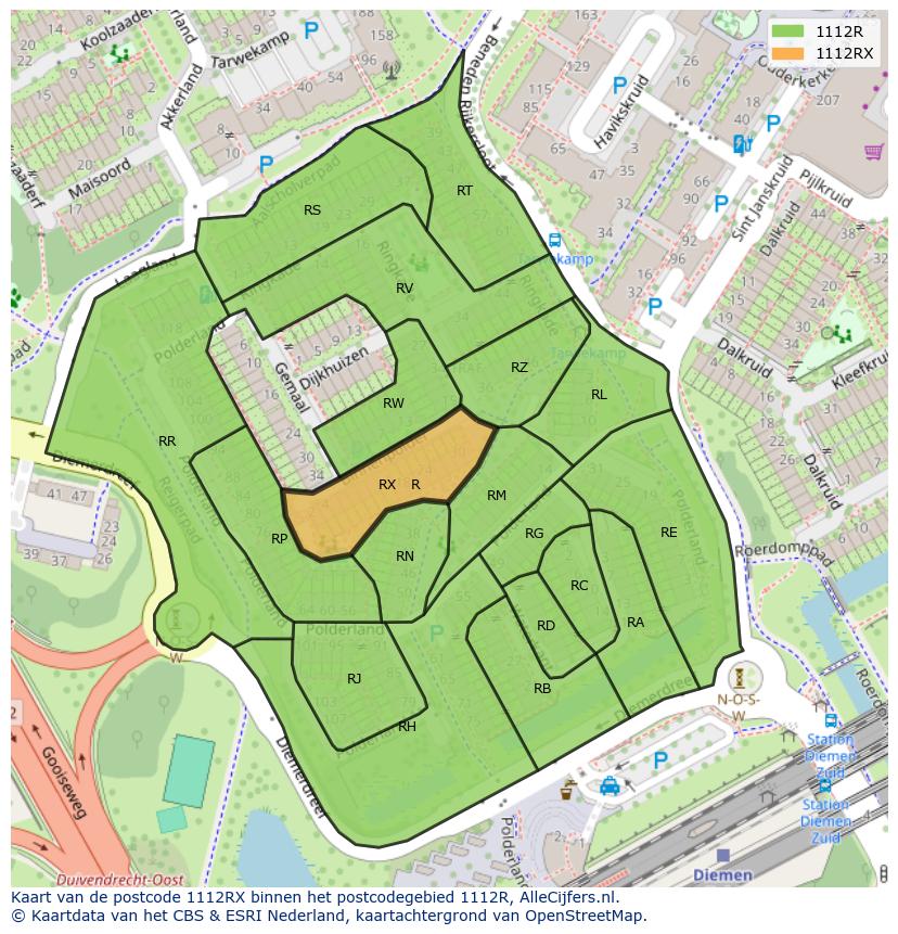 Afbeelding van het postcodegebied 1112 RX op de kaart.
