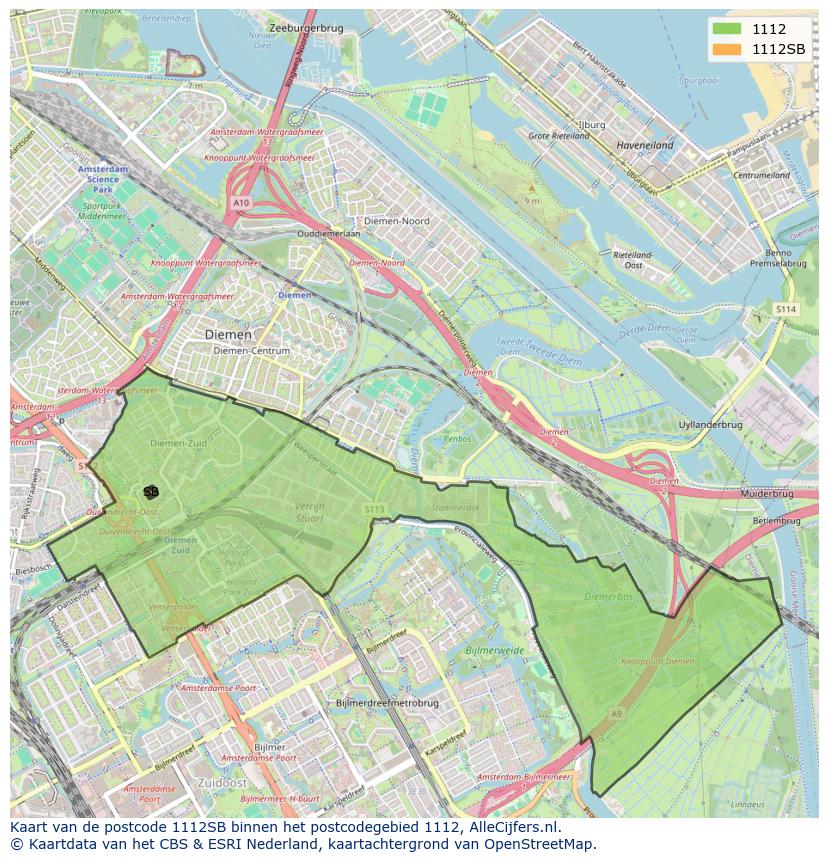 Afbeelding van het postcodegebied 1112 SB op de kaart.