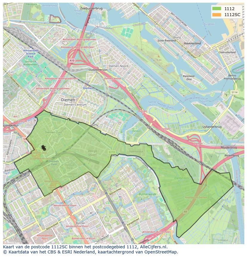 Afbeelding van het postcodegebied 1112 SC op de kaart.