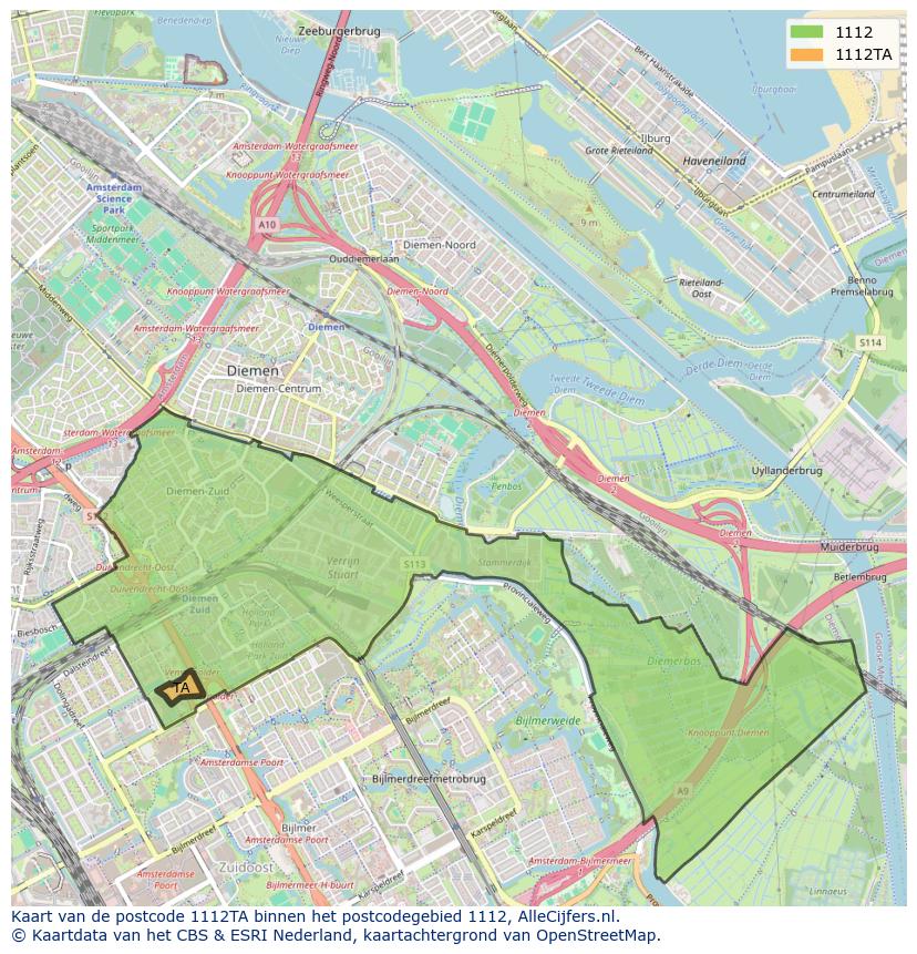 Afbeelding van het postcodegebied 1112 TA op de kaart.