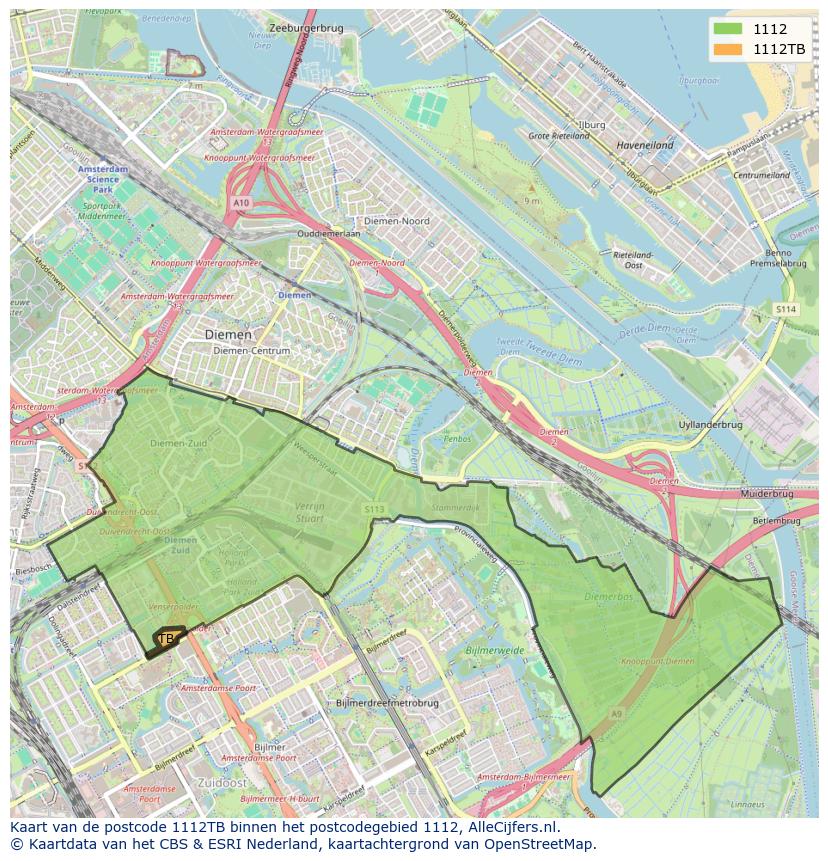 Afbeelding van het postcodegebied 1112 TB op de kaart.