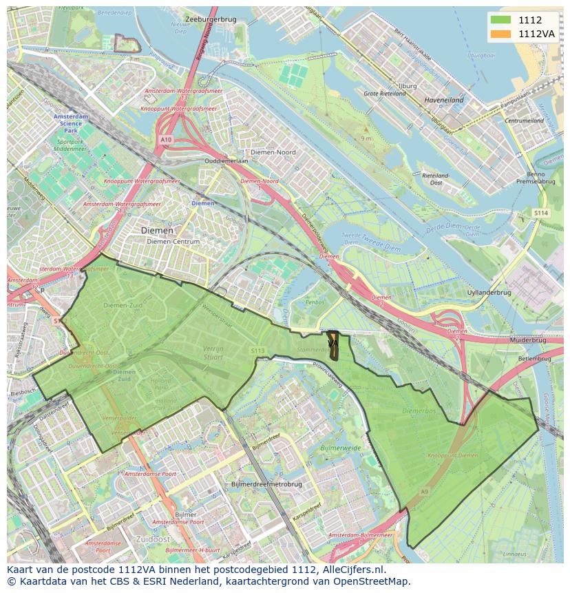 Afbeelding van het postcodegebied 1112 VA op de kaart.