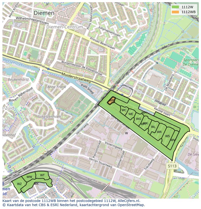 Afbeelding van het postcodegebied 1112 WB op de kaart.