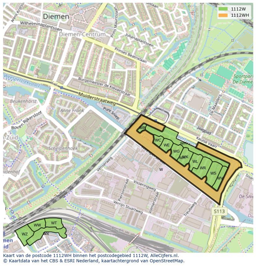 Afbeelding van het postcodegebied 1112 WH op de kaart.