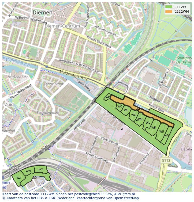 Afbeelding van het postcodegebied 1112 WM op de kaart.