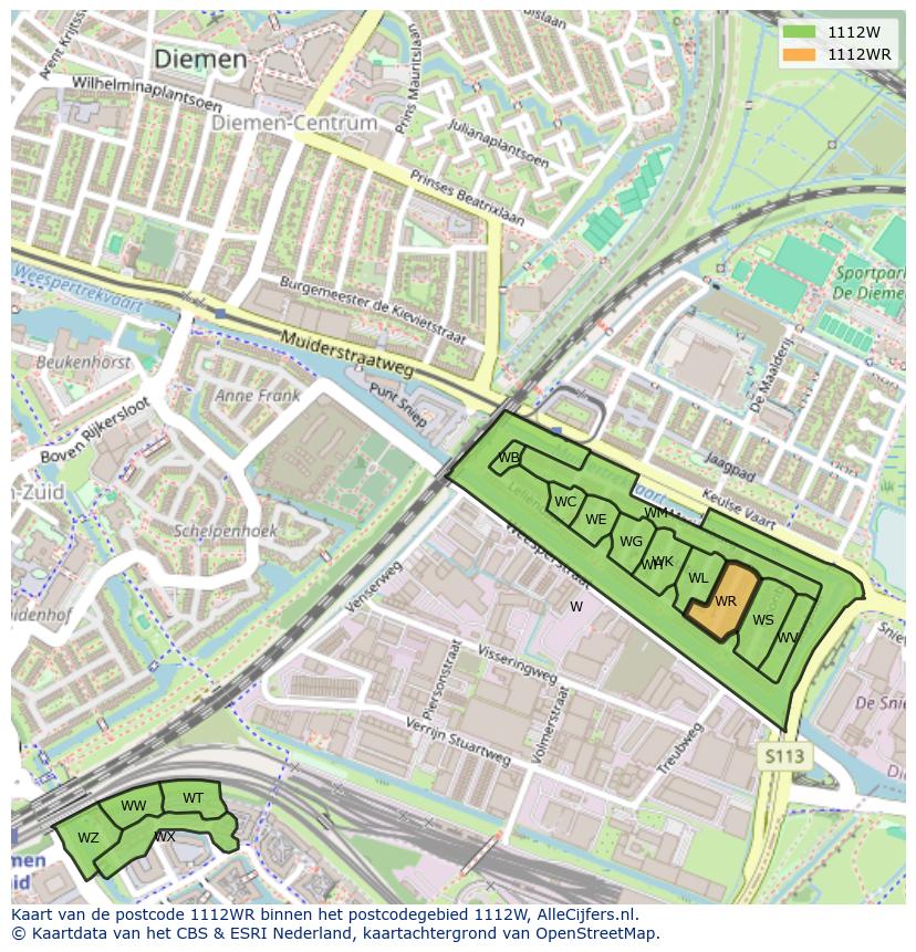 Afbeelding van het postcodegebied 1112 WR op de kaart.