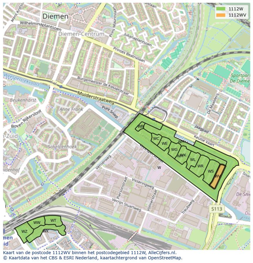 Afbeelding van het postcodegebied 1112 WV op de kaart.