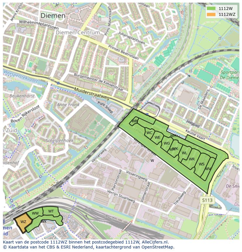 Afbeelding van het postcodegebied 1112 WZ op de kaart.