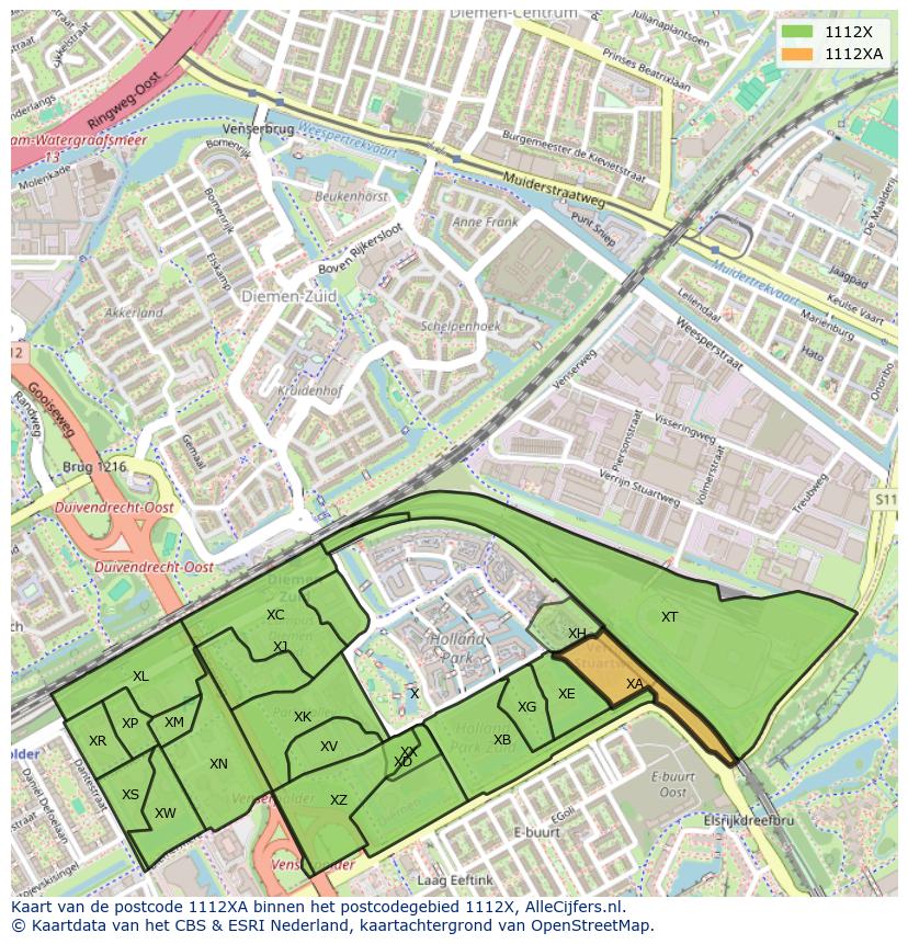 Afbeelding van het postcodegebied 1112 XA op de kaart.