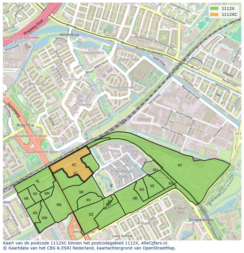 Afbeelding van het postcodegebied 1112 XC op de kaart.