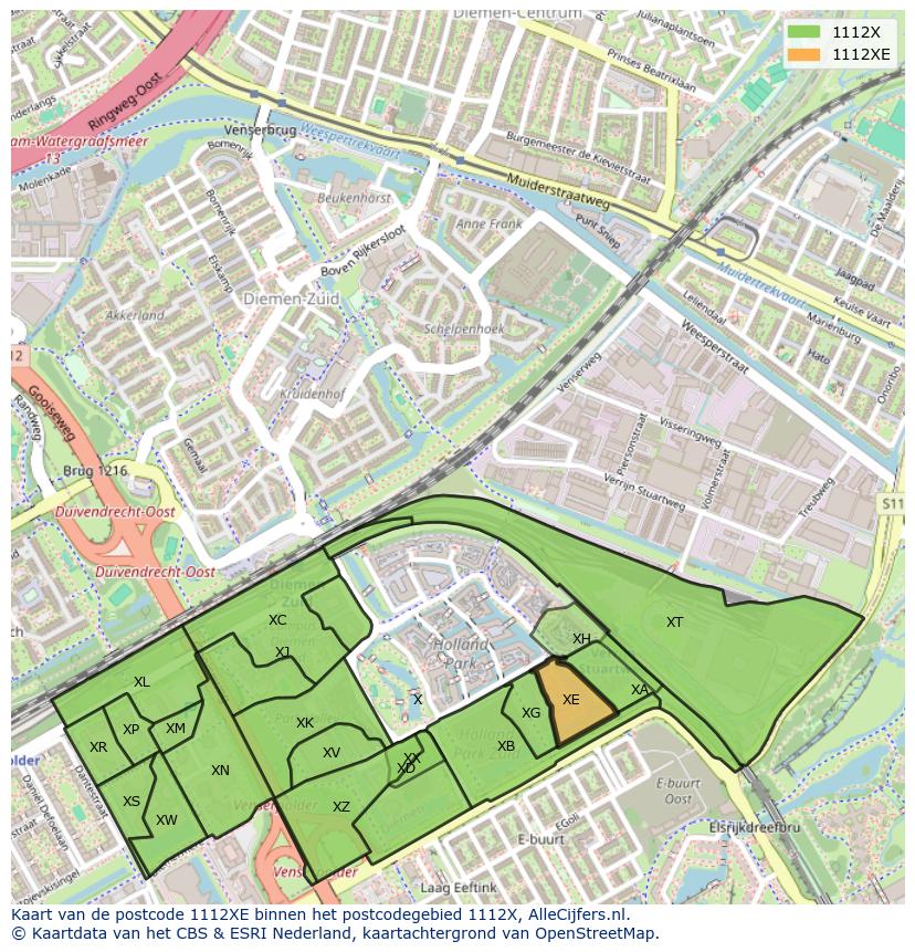 Afbeelding van het postcodegebied 1112 XE op de kaart.
