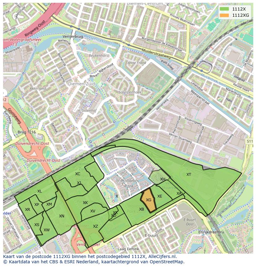 Afbeelding van het postcodegebied 1112 XG op de kaart.