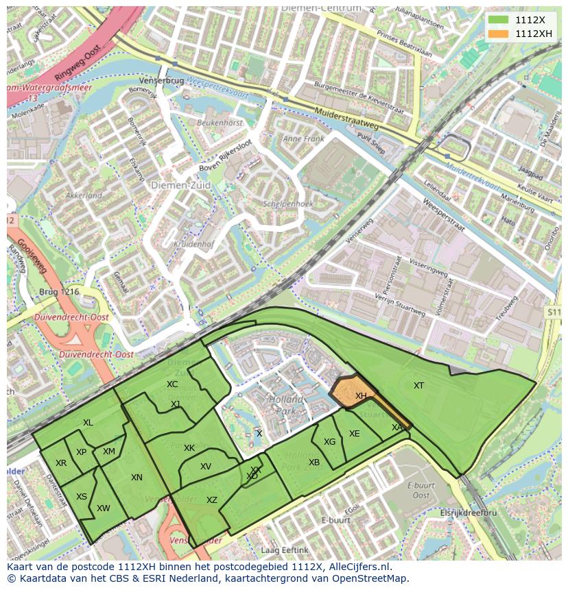 Afbeelding van het postcodegebied 1112 XH op de kaart.