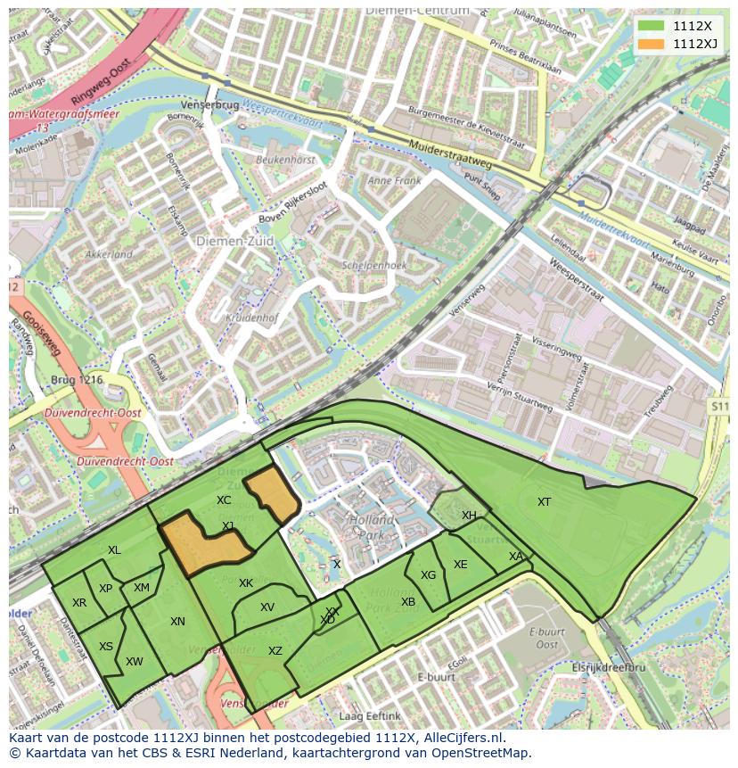 Afbeelding van het postcodegebied 1112 XJ op de kaart.