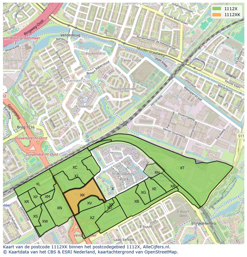 Afbeelding van het postcodegebied 1112 XK op de kaart.
