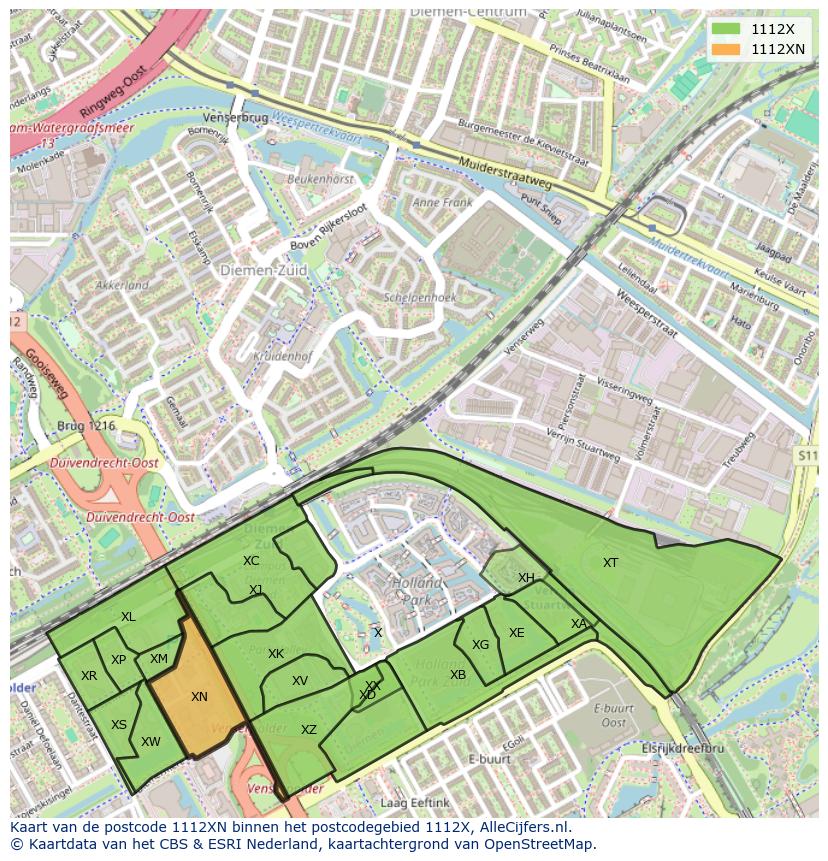 Afbeelding van het postcodegebied 1112 XN op de kaart.