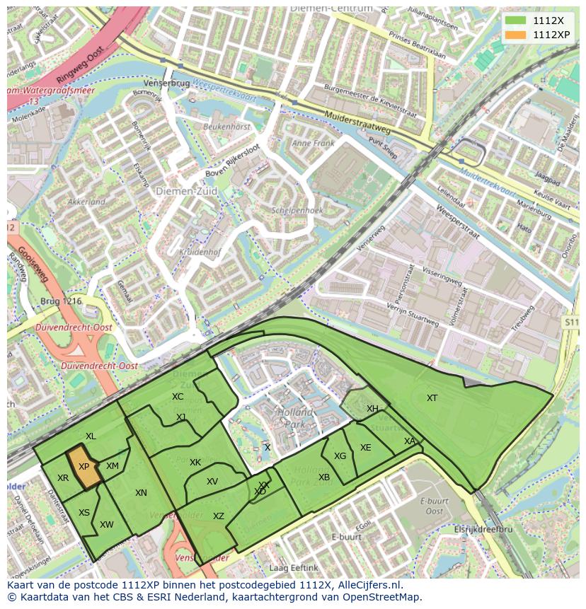Afbeelding van het postcodegebied 1112 XP op de kaart.