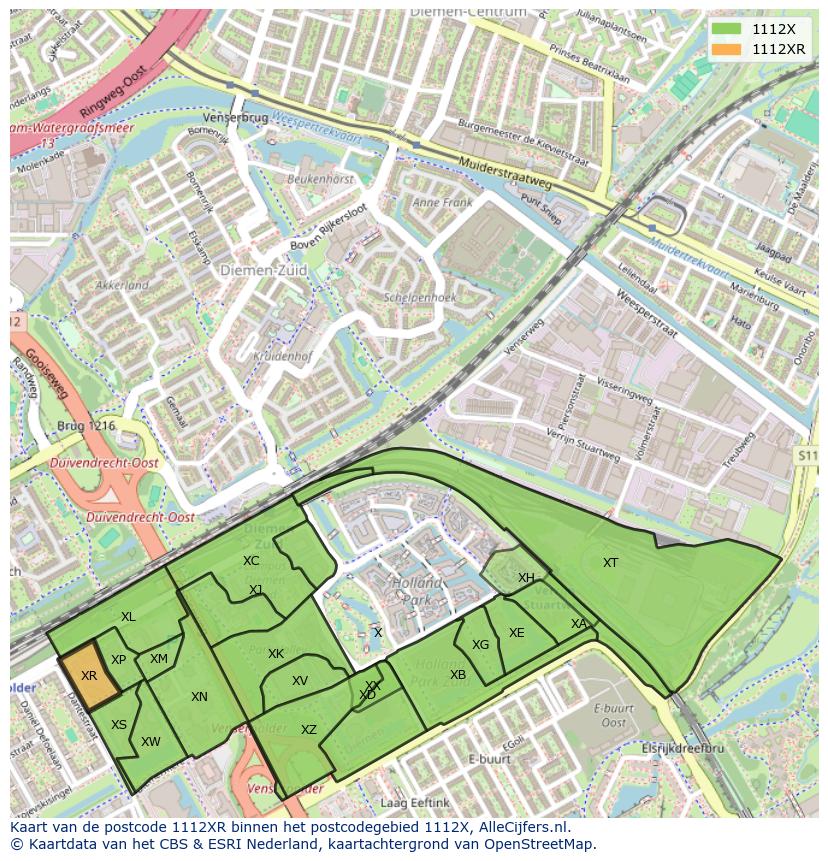 Afbeelding van het postcodegebied 1112 XR op de kaart.
